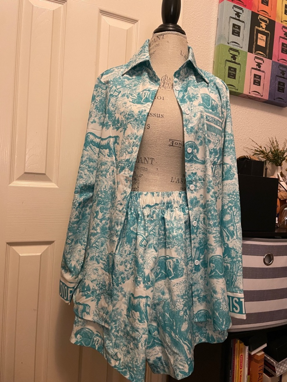 Beautiful White and Teal pajama short set with Satin Label. Closet clear out.